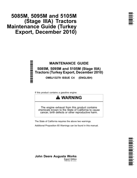 John Deere 5085M, 5095M, 5105M (Stage IIIA) Tractors Maintenance Guide (December 2010) (Turkey Export Edition) Operator’s Manual (OMSJ13279) Workshop Guide