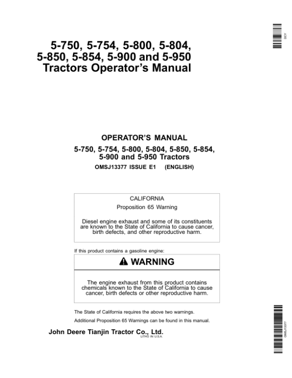 John Deere JD5-750, JD5-754, JD5-800, JD5-804, JD5-850, JD5-854, JD5-900, JD5-950 Tractors Operator’s Manual (OMSJ13377) Workshop Guide