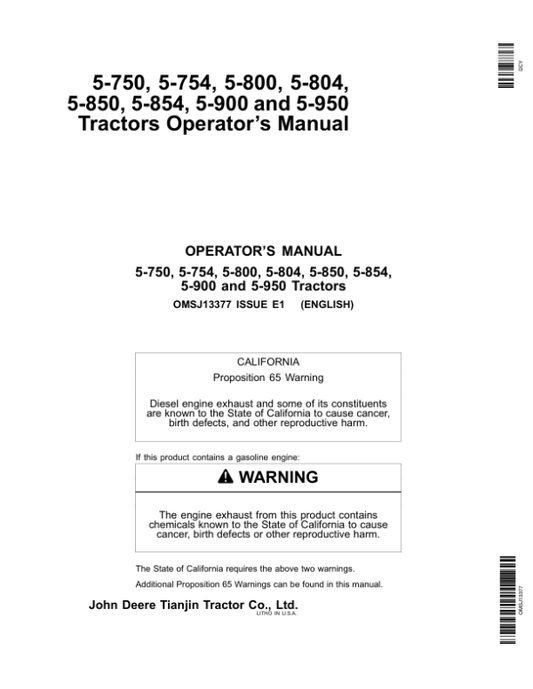 John Deere JD5-750, JD5-754, JD5-800, JD5-804, JD5-850, JD5-854, JD5-900, JD5-950 Tractors Operator’s Manual (OMSJ13377) Workshop Guide