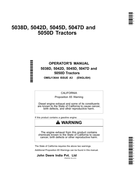 John Deere 5038D, 5042D, 5045D, 5047D, 5050D Tractors Operator’s Manual (OMSJ13644) Workshop Guide