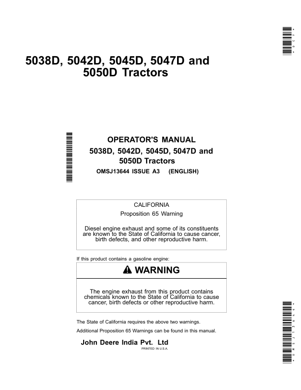 John Deere 5038D, 5042D, 5045D, 5047D, 5050D Tractors Operator’s Manual (OMSJ13644) Workshop Guide