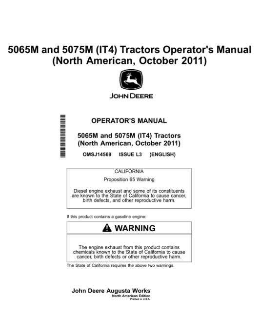 John Deere 5065M & 5075M (IT4) Tractor North America (October 2011) Operator’s Manual (OMSJ14569) Workshop Guide