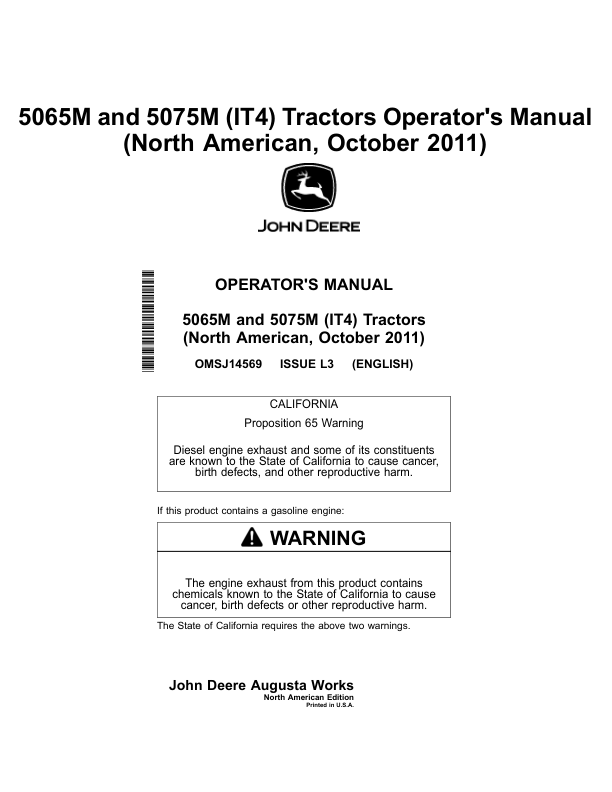 John Deere 5065M & 5075M (IT4) Tractor North America (October 2011) Operator’s Manual (OMSJ14569) Workshop Guide