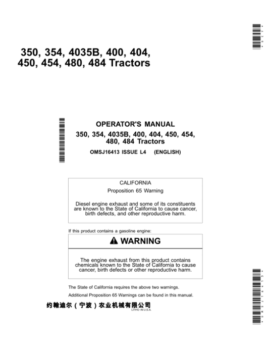 John Deere 350, 354, 4035B, 400, 404, 450, 454, 480 & 484 Tractors (Stage II Emission) Operator’s Manual (OMSJ16413) Workshop Guide