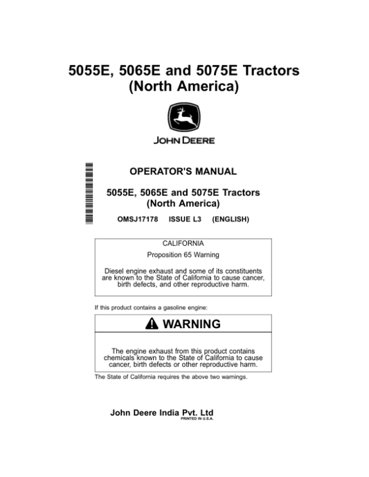 John Deere 5055E, 5065E & 5075E Tractors (MY2014-MY2015) (North America) Operator’s Manual (OMSJ17178) Workshop Guide