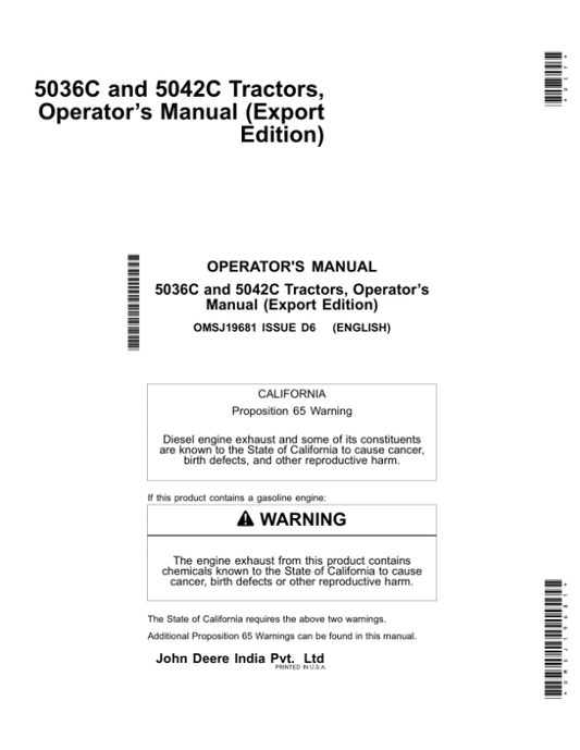 John Deere 5036C, 5042C Tractors Operator’s Manual (OMSJ19681) Workshop Guide