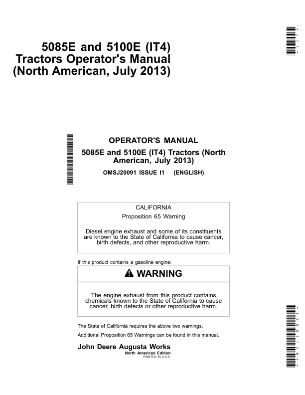 John Deere 5085E, 5100E (IT4) Tractors (July 2013-) (North American) Operator’s Manual (OMSJ20091) Workshop Guide