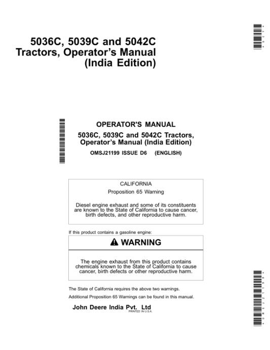 John Deere 5036C, 5041C Tractors (India) Operator’s Manual (OMSJ21199) Workshop Guide