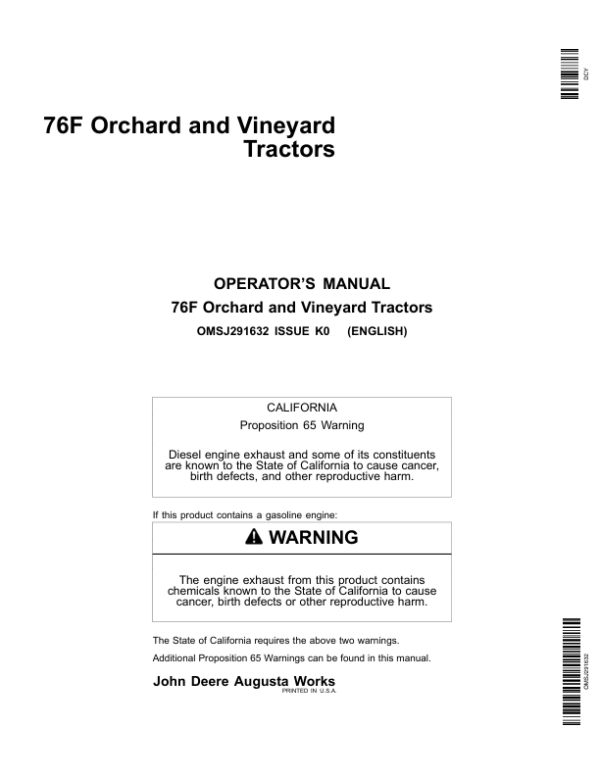 John Deere 76F Orchard, Vineyard Tractors Operator’s Manual (OMSJ291632) Workshop Guide