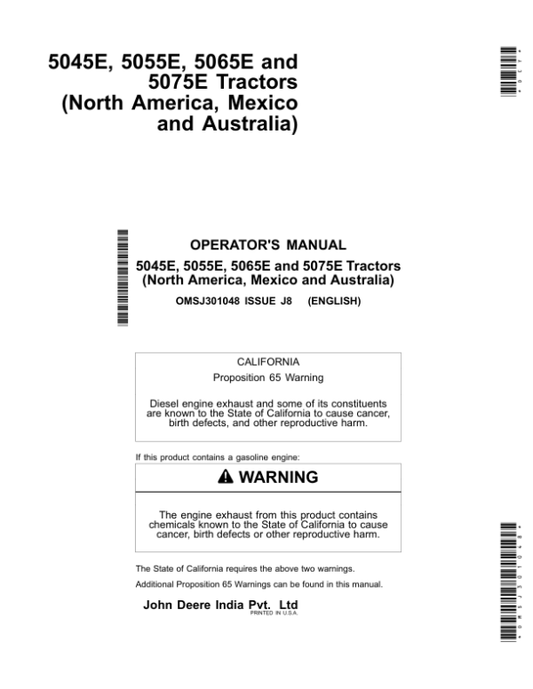 John Deere 5045E, 5055E, 5065E, 5075E Tractors (2008-MY2013, Australia-MY2008-MY2017), Operator’s Manual (OMSJ301048) Workshop Guide