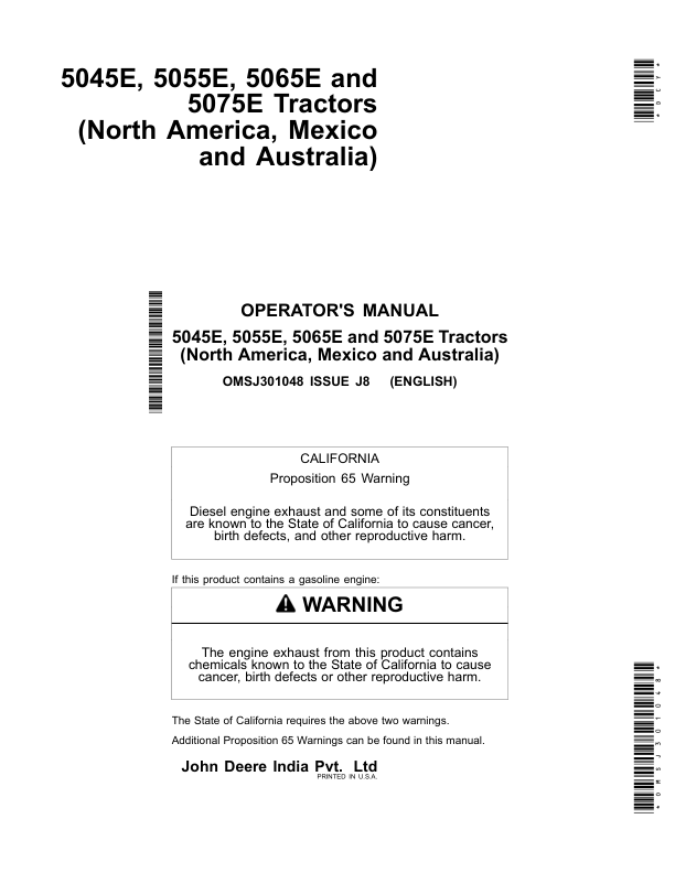 John Deere 5045E, 5055E, 5065E, 5075E Tractors (2008-MY2013, Australia-MY2008-MY2017), Operator’s Manual (OMSJ301048) Workshop Guide