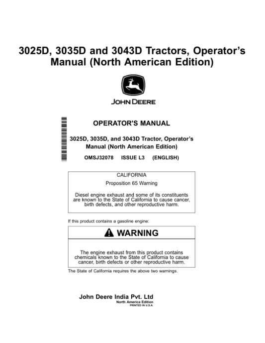 John Deere 3025D, 3035D, 3043D Tractors Operator’s Manual (OMSJ32078) Workshop Guide