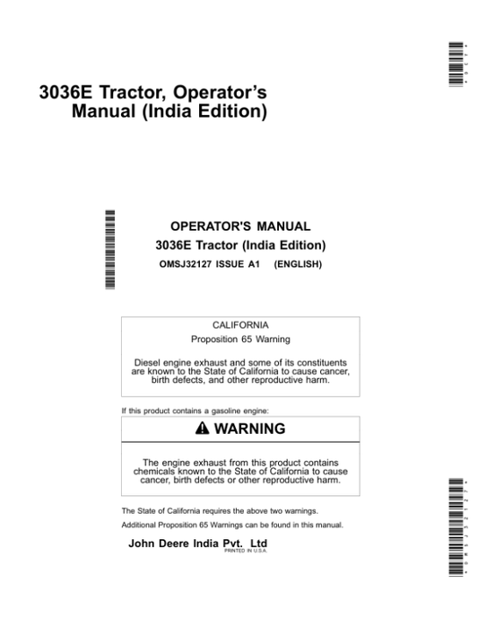 John Deere 3036E Tractor Operator’s Manual (OMSJ32127) Workshop Guide