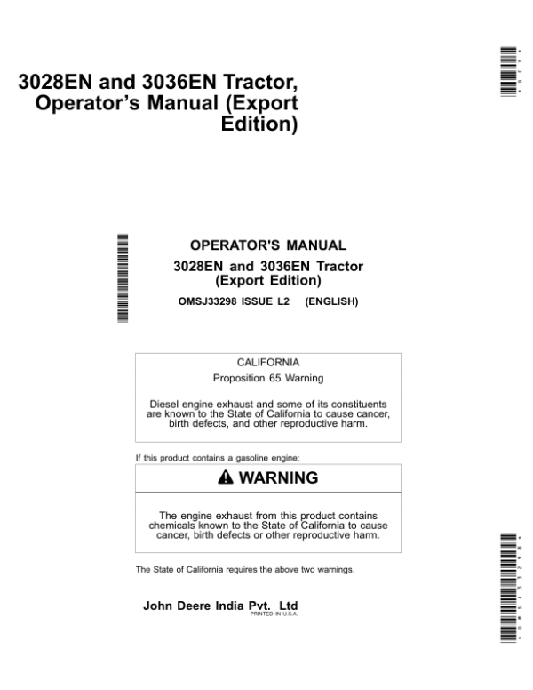 John Deere 3028EN, 3036EN Tractor Operator’s Manual (OMSJ33298) Workshop Guide
