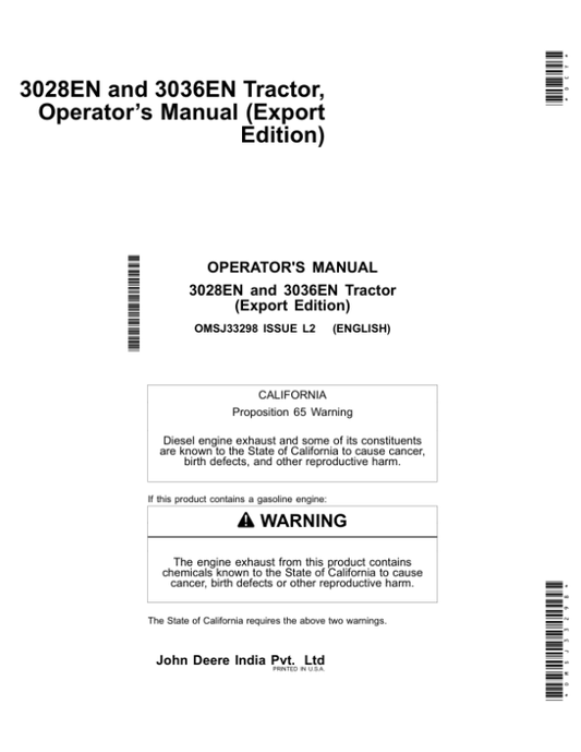John Deere 3028EN, 3036EN Tractor Operator’s Manual (OMSJ33298) Workshop Guide