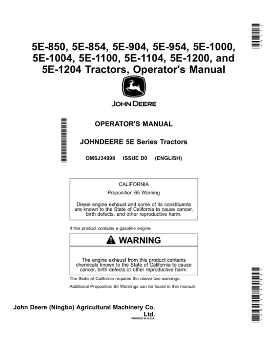 John Deere 5E-850, 5E-854, 5E-904, 5E-954, 5E-1000, 5E-1004, 5E-1100, 5E-1104, 5E-1200, 5E-1204 Tractors (MY2018-) Operator’s Manual (OMSJ34998) Workshop Guide