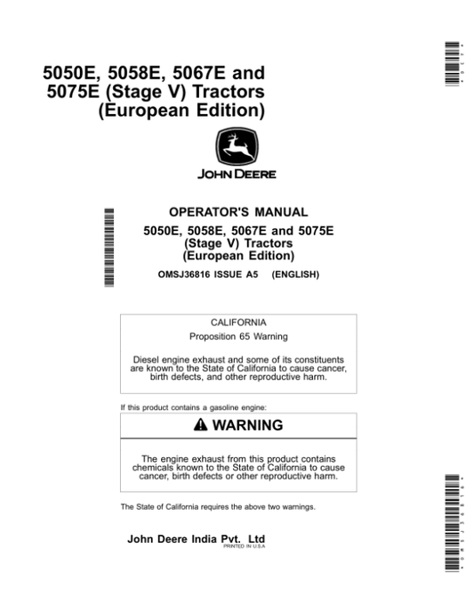 John Deere 5050E, 5058E, 5067E, 5075E (Stage V) Tractors (European Edition) Operator’s Manual (OMSJ36816) Workshop Guide