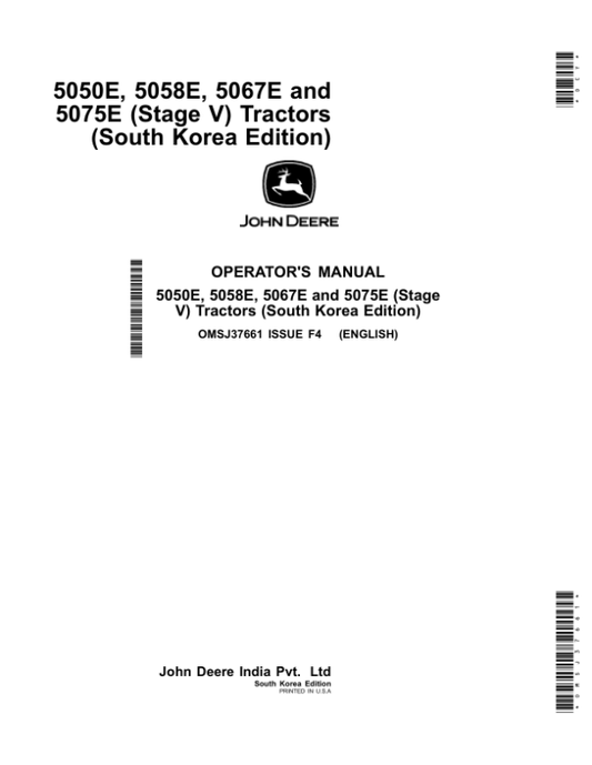 John Deere 5050E, 5058E, 5067E, 5075E (Stage V) Tractors (South Korea Edition) Operator’s Manual (OMSJ37661) Workshop Guide