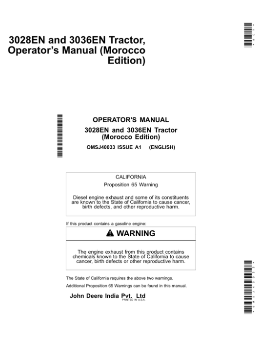 John Deere 3028EN, 3036EN Tractor (Morocco Edition) Operator’s Manual (OMSJ40033) Workshop Guide