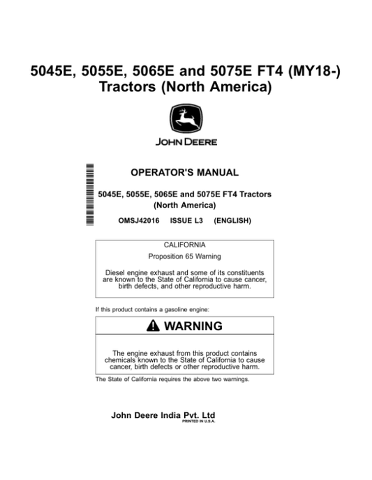 John Deere 5045E, 5055E, 5065E, 5075E FT4 Tractors (MY2018-MY2022) (North America) Operator’s Manual (OMSJ42016) Workshop Guide