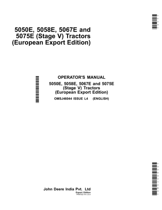 John Deere 5050E, 5058E, 5067E, 5075E (Stage V) Tractors (European Export Edition) Operator’s Manual (OMSJ46044) Workshop Guide