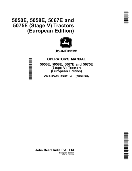 John Deere 5050E, 5058E, 5067E, 5075E (Stage V) Tractors (European Edition) Operator’s Manual (OMSJ46075) Workshop Guide