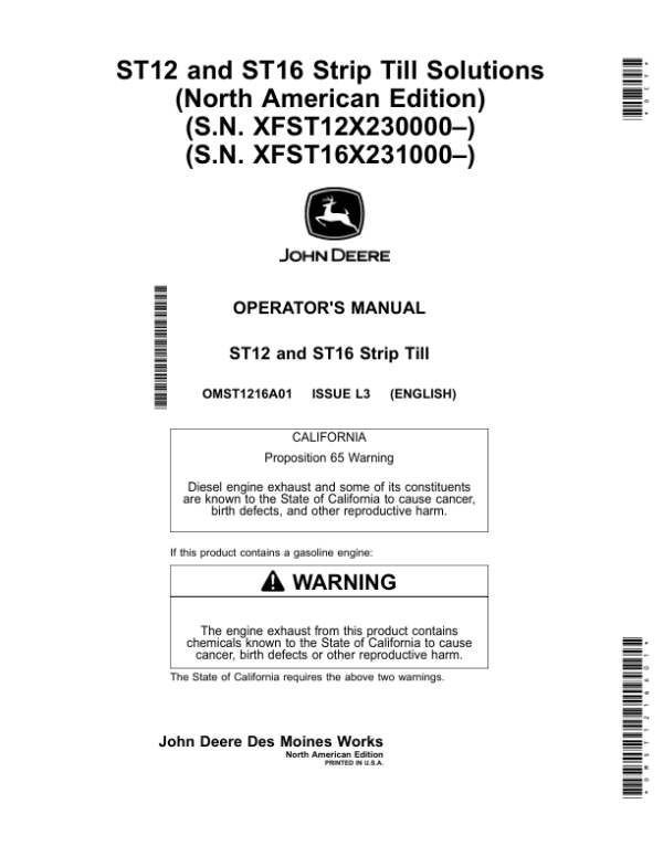 John Deere ST12, ST16 Strip Till Solutions (North American) (S.N. XFST12X230000–) (S.N. XFST16X231000–) Operator’s Manual (OMST1216A01) Workshop Guide