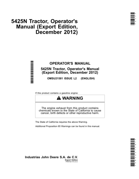 John Deere 5425N Narrow Tractor Operator’s Manual (OMSU21581) Workshop Guide