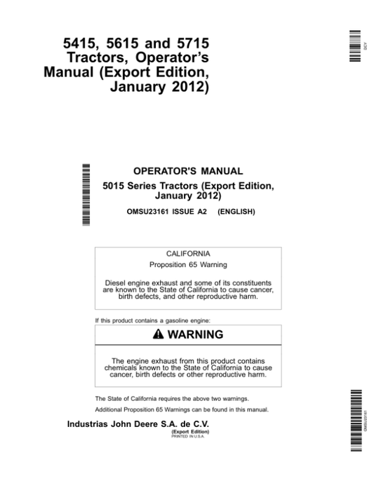 John Deere 5415, 5615, 5715 Tractors – (Export) Operator’s Manual (OMSU23161) Workshop Guide