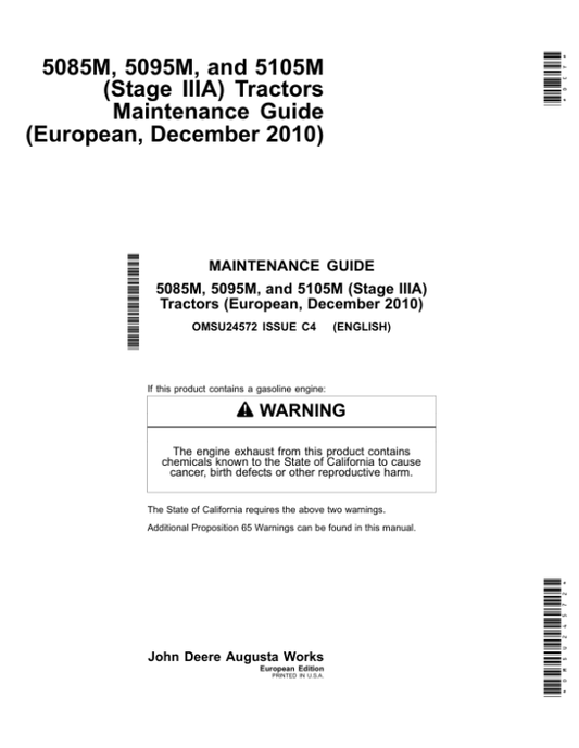 John Deere 5085M, 5095M, 5105M (Stage IIIA) Tractors Maintenance Guide (December 2010) Operator’s Manual (OMSU24572) Workshop Guide