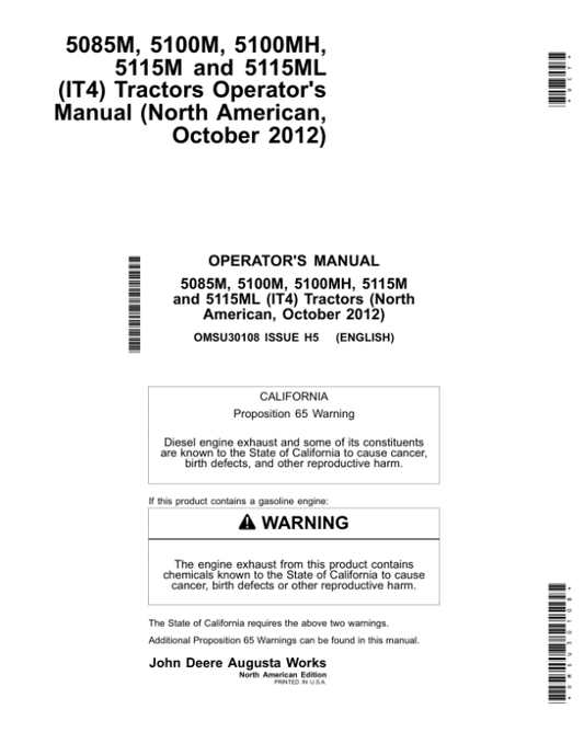 John Deere 5085M, 5100M, 5100MH, 5115M & 5115ML Tractors (IT4 Engines) (Mfg in USA) Operator’s Manual (OMSU30108) Workshop Guide