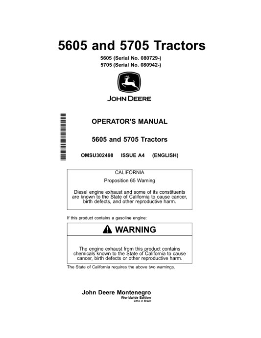 John Deere 5605 (SN:080729-), 5705 (SN:080942-) Tractor Operator’s Manual (OMSU302498) Workshop Guide