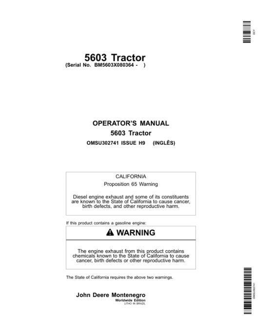 John Deere 5603 Tractors (080364-) Operator’s Manual (OMSU302741) Workshop Guide