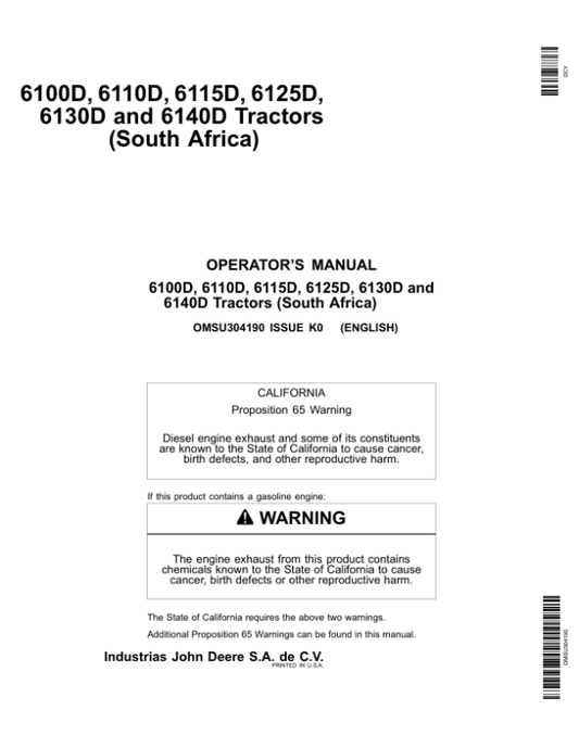 John Deere 6100D, 6110D, 6115D, 6125D, 6130D & 6140D Tractors Operator’s Manual (OMSU304190) Workshop Guide