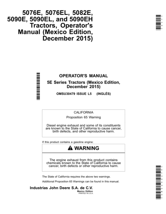 John Deere 5076E 5076EL 5082E 5090E 5090EL, 5090EH Tractors Operator’s Manual (OMSU30479) Workshop Guide