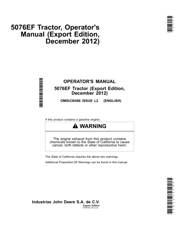 John Deere 5076EF Tractor Export Edition Operator’s Manual (OMSU30488) Workshop Guide