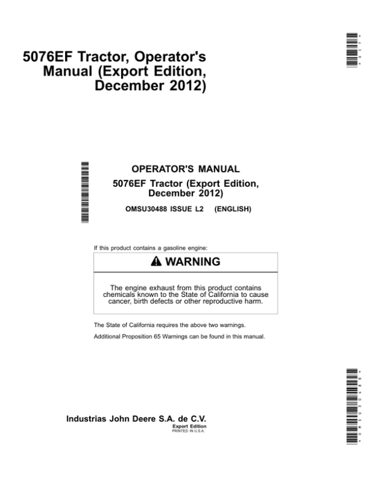 John Deere 5076EF Tractor Export Edition Operator’s Manual (OMSU30488) Workshop Guide
