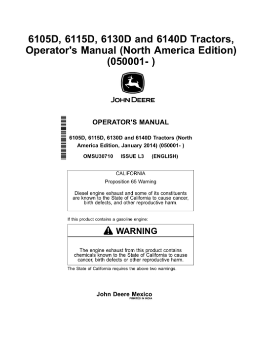 John Deere 6105D, 6115D, 6130D, 6140D Tractors (050001-) Operator’s Manual (OMSU30710) Workshop Guide