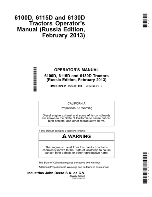 John Deere 6100D 6115D, 6130D Tractors (Russian Edition) Operator’s Manual (OMSU32411) Workshop Guide