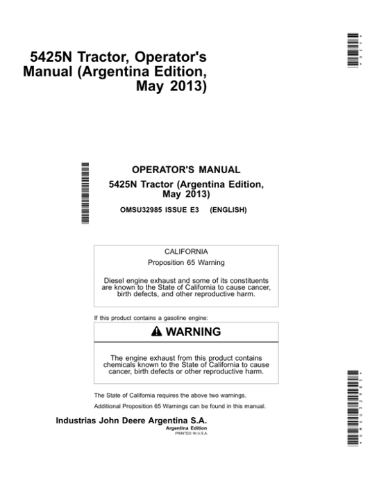 John Deere 5425N Tractor Operator’s Manual (OMSU32985) Workshop Guide