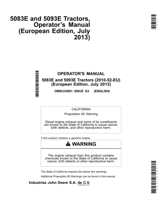 John Deere 5083E, 5093E Tractors Operator’s Manual (OMSU34861) Workshop Guide