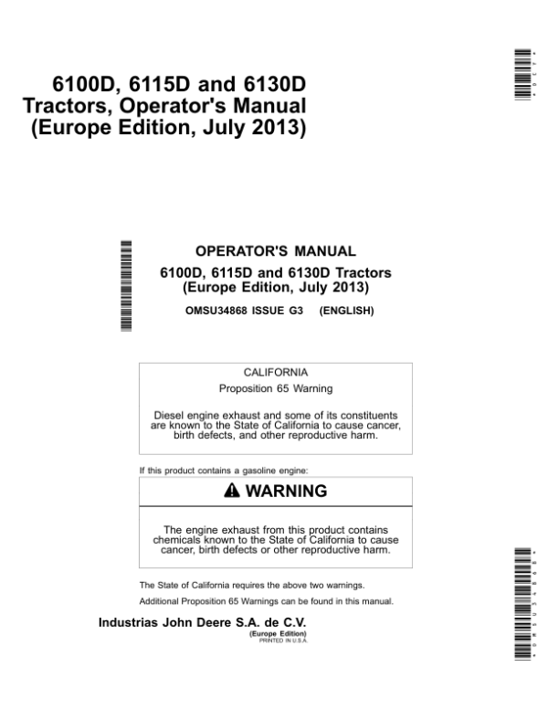 John Deere 6100D, 6115D, 6130D Tractors Operator’s Manual (OMSU34868) Workshop Guide