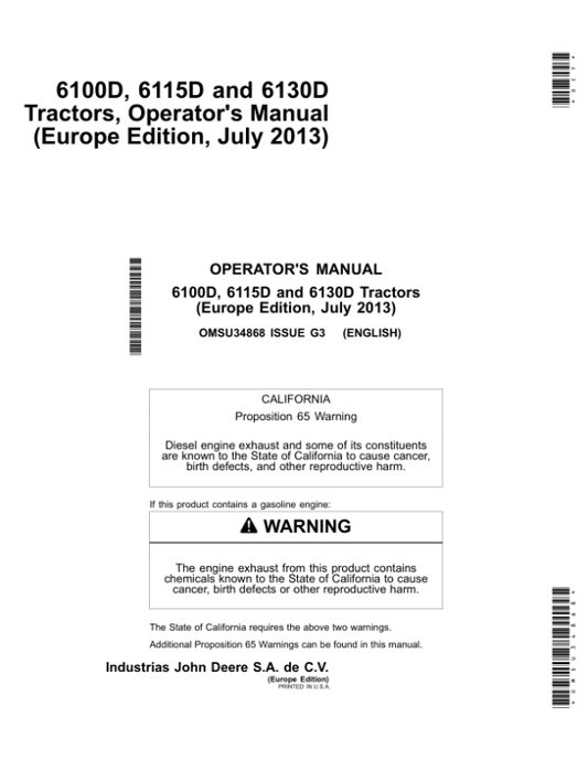 John Deere 6100D, 6115D, 6130D Tractors Operator’s Manual (OMSU34868) Workshop Guide