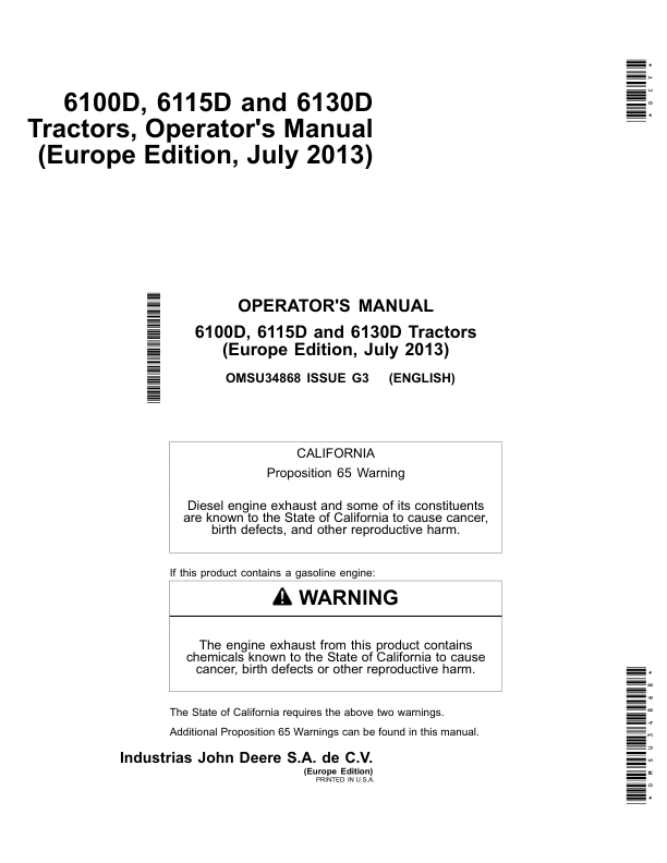 John Deere 6100D, 6115D, 6130D Tractors Operator’s Manual (OMSU34868) Workshop Guide