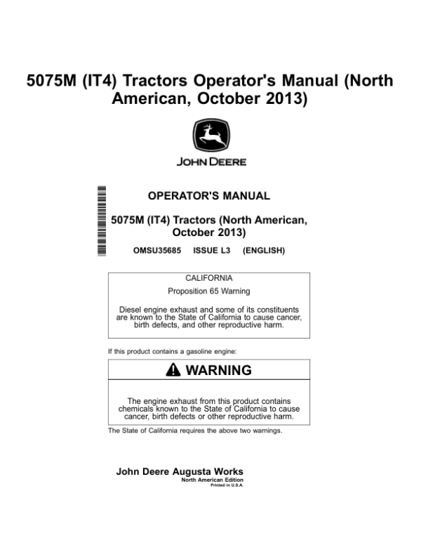 John Deere 5075M (IT4) Tractors North America (October 2013) Operator’s Manual (OMSU35685) Workshop Guide