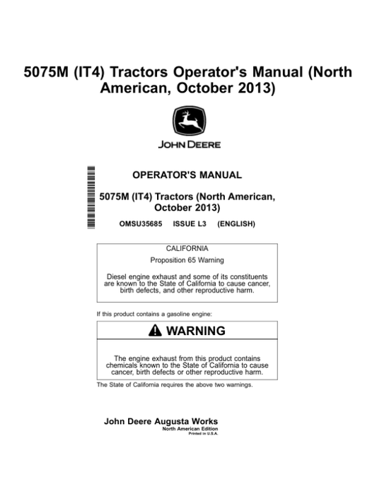 John Deere 5075M (IT4) Tractors North America (October 2013) Operator’s Manual (OMSU35685) Workshop Guide