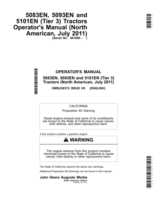 John Deere 5083EN, 5093EN, 5101EN (Tier 3) Tractors (July 2011) (461000-) Operator’s Manual (OMSU36372) Workshop Guide