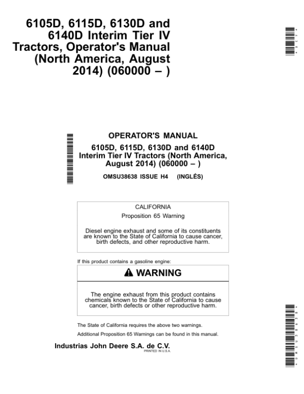 John Deere 6105D, 6115D, 6130D, 6140D Interim Tier IV Tractors (060000-) Operator’s Manual (OMSU38638) Workshop Guide