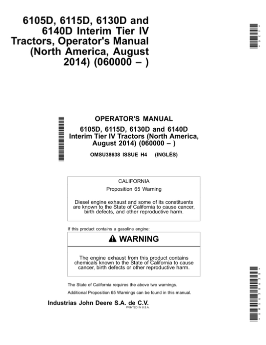 John Deere 6105D, 6115D, 6130D, 6140D Interim Tier IV Tractors (060000-) Operator’s Manual (OMSU38638) Workshop Guide