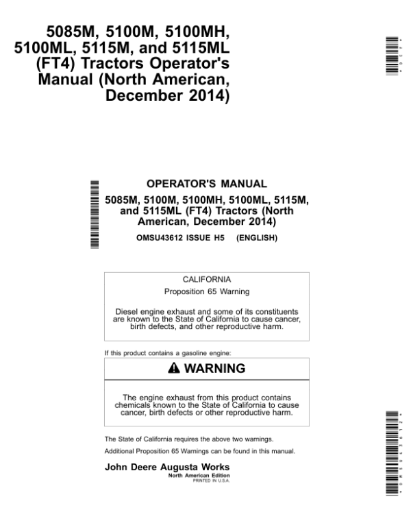 John Deere 5085M, 5100M, 5100MH, 5100ML, 5115M & 5115ML Tractors (FT4 Engines) (Mfg in USA) Operator’s Manual (OMSU43612) Workshop Guide